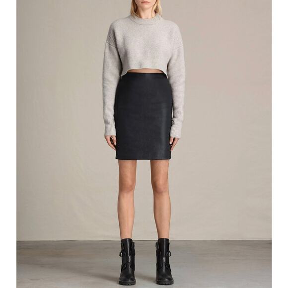 AllSaints Black Coated Denim Pencil Skirt US 6 High Rise Bodycon Slim Fit EUC - Picture 1 of 16